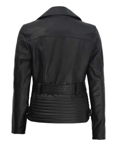 Black leather jacket with a belt on a white background