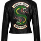 Black leather jacket with 'South Side Serpents' snake emblem on a white background