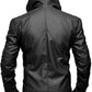 Black leather jacket with a hood on a white background