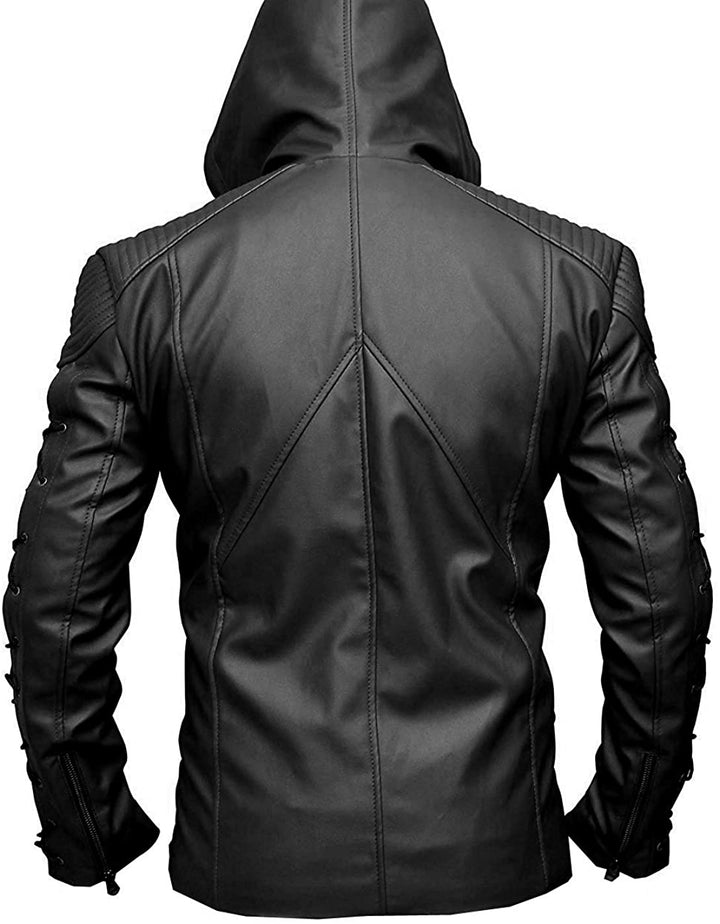 Black leather jacket with a hood on a white background