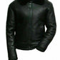 Black leather jacket with fur collar on a white background