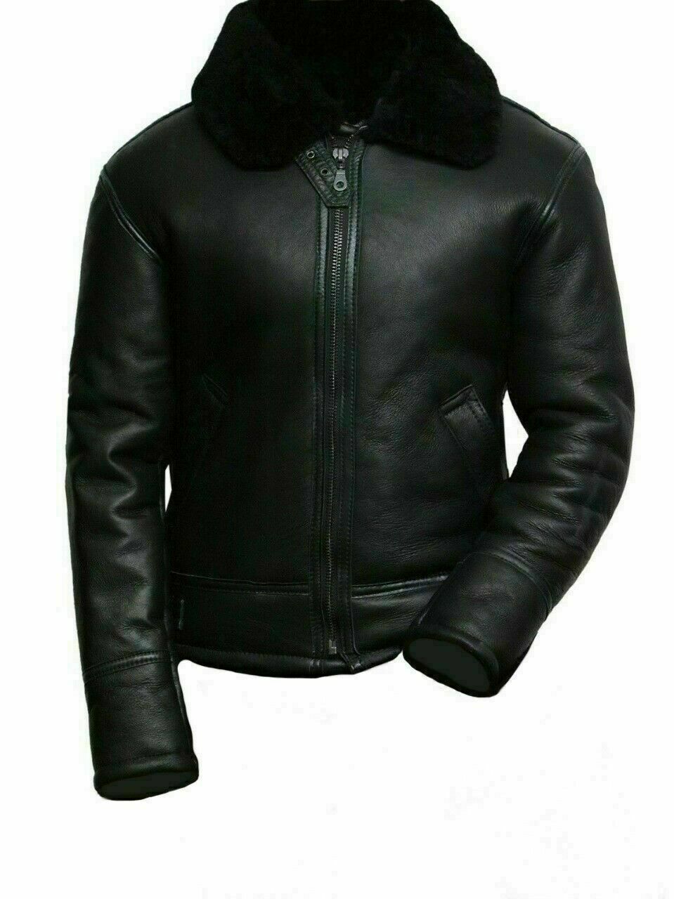 Black leather jacket with fur collar on a white background
