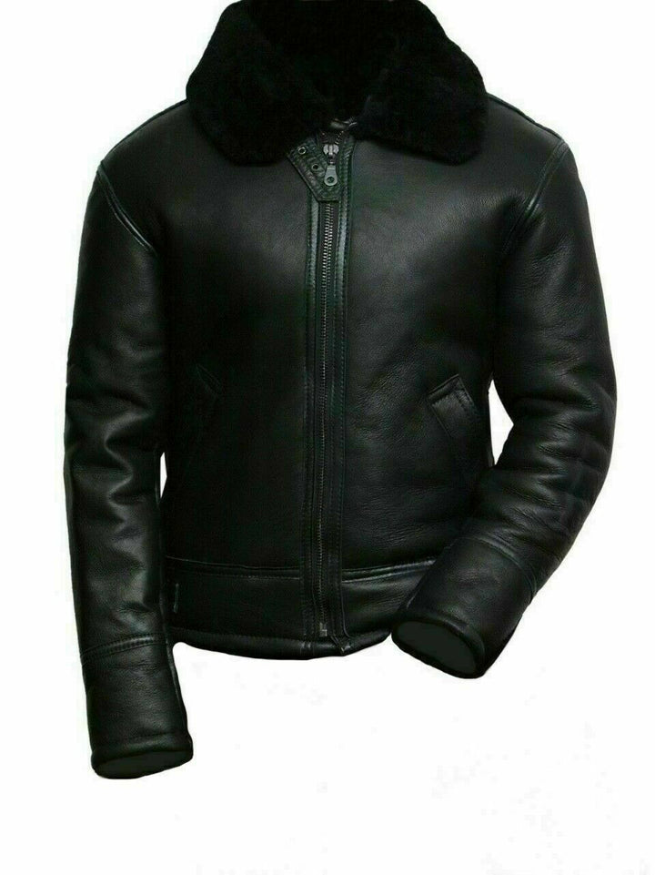 Black leather jacket with fur collar on a white background