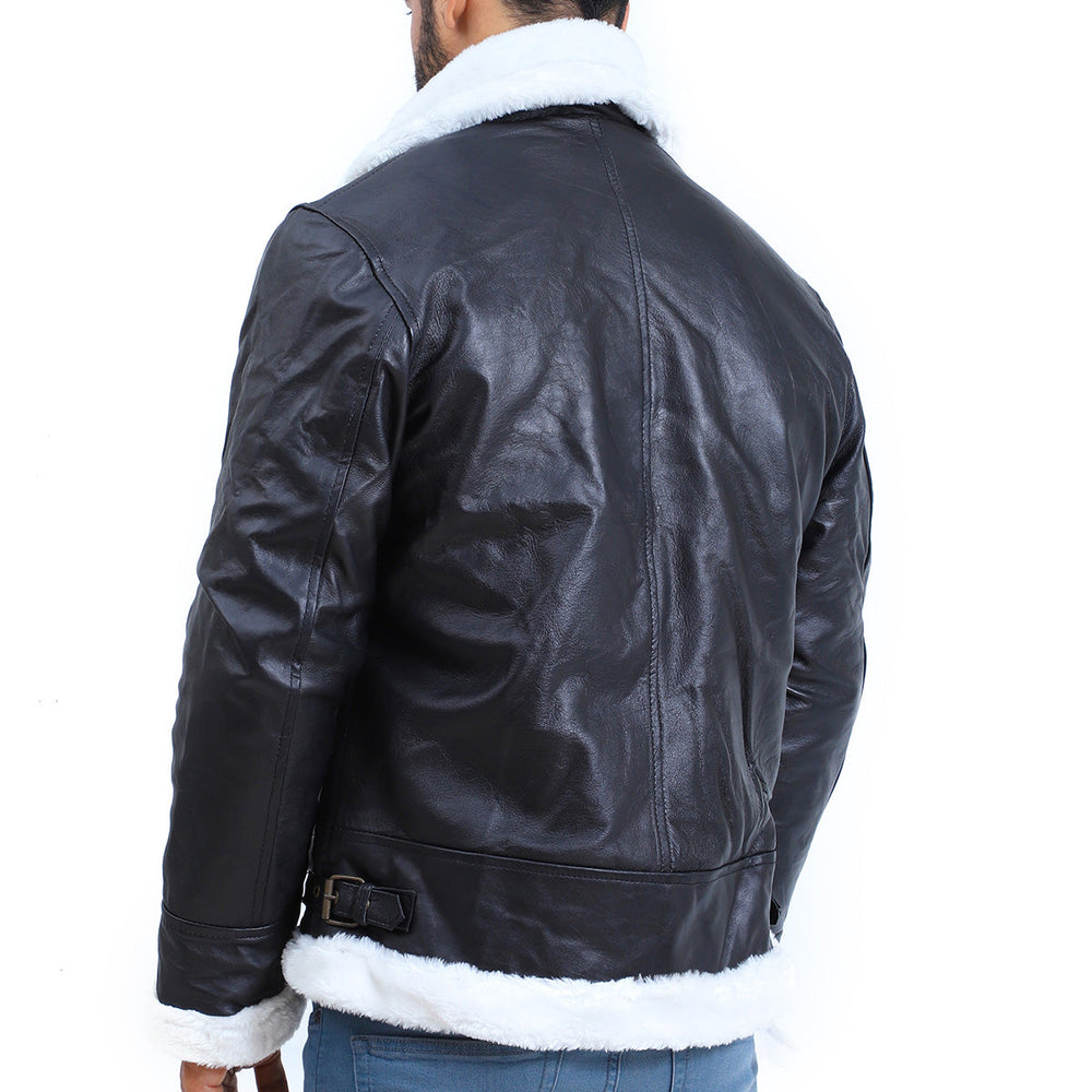 Black leather jacket with white fur trim on a white background