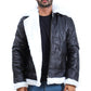Black leather jacket with white fur trim worn by a person on a white background