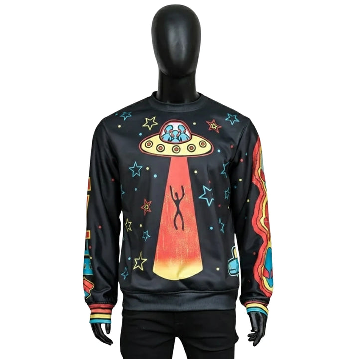 Black sweatshirt with colorful alien abduction design on a mannequin against a white background