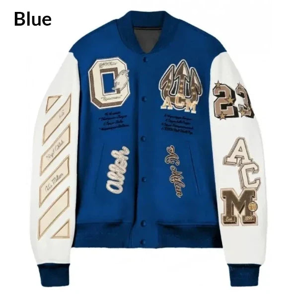 Blue ac milan letterman jacket front view