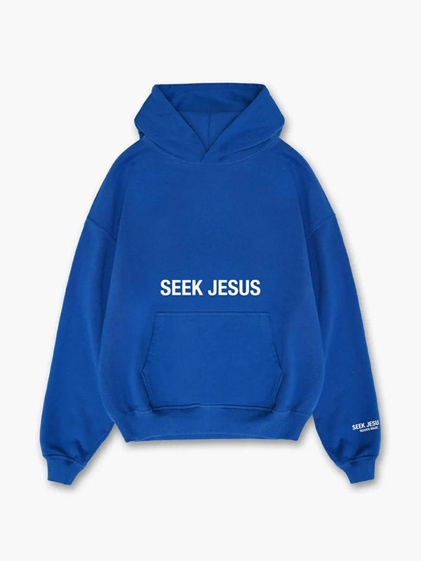 Blue hoodie with 'Seek Jesus' text on a white background