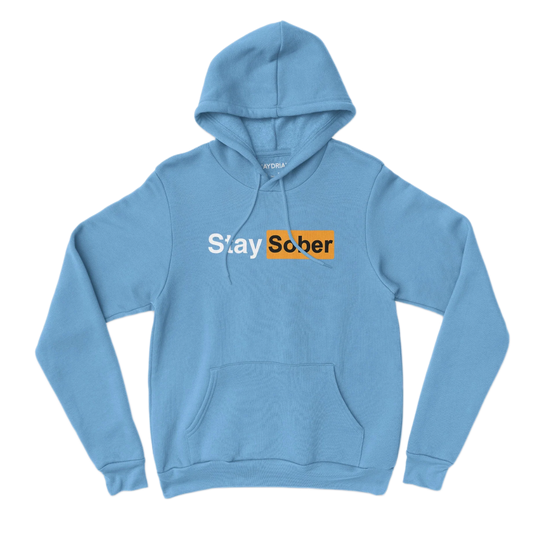 Blue hoodie with 'Stay Sober' text on a white background