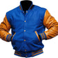 Blue and brown varsity jacket on a white background