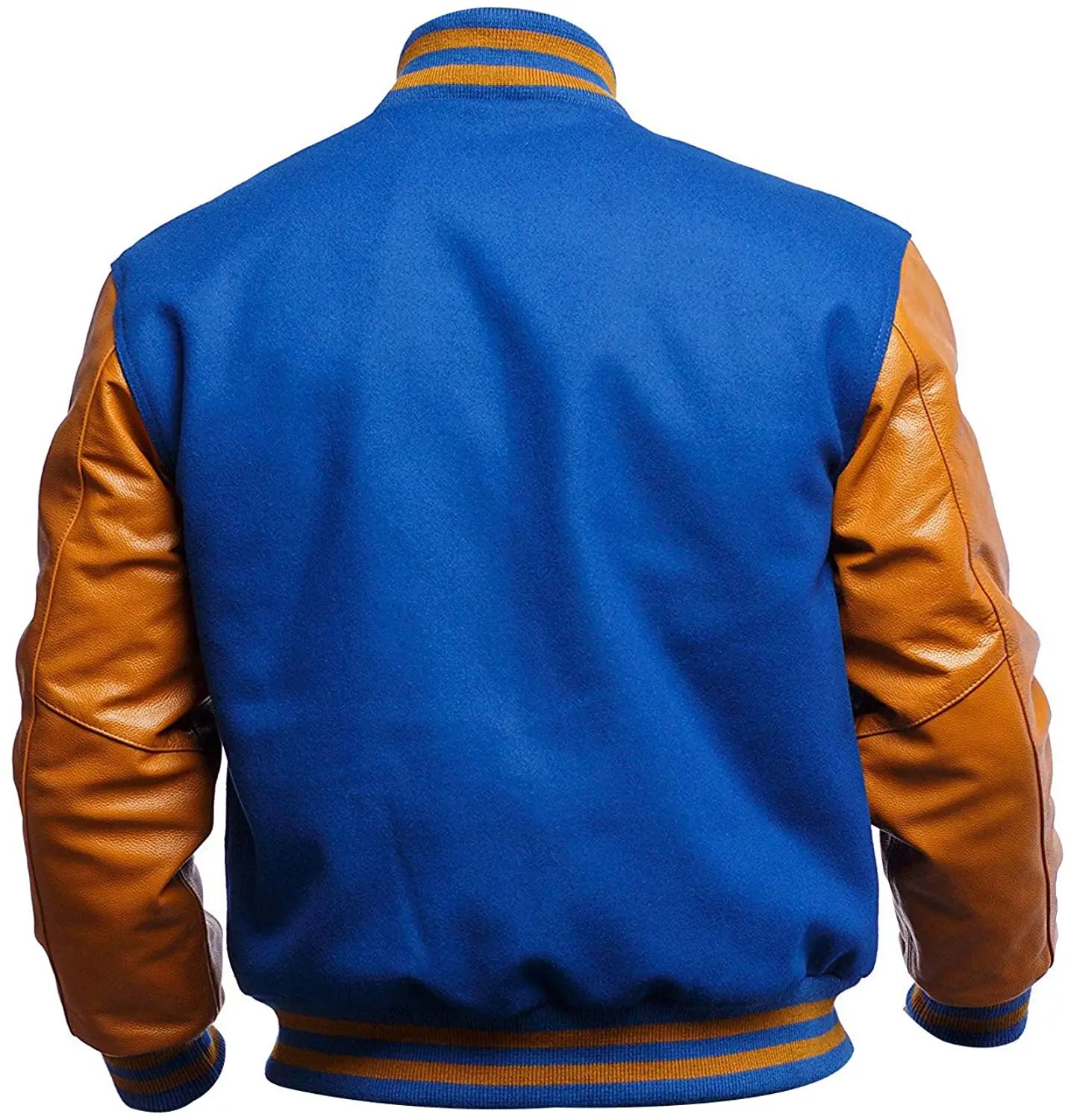 Blue varsity jacket with brown leather sleeves on a white background