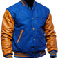 Blue and brown varsity jacket on a white background