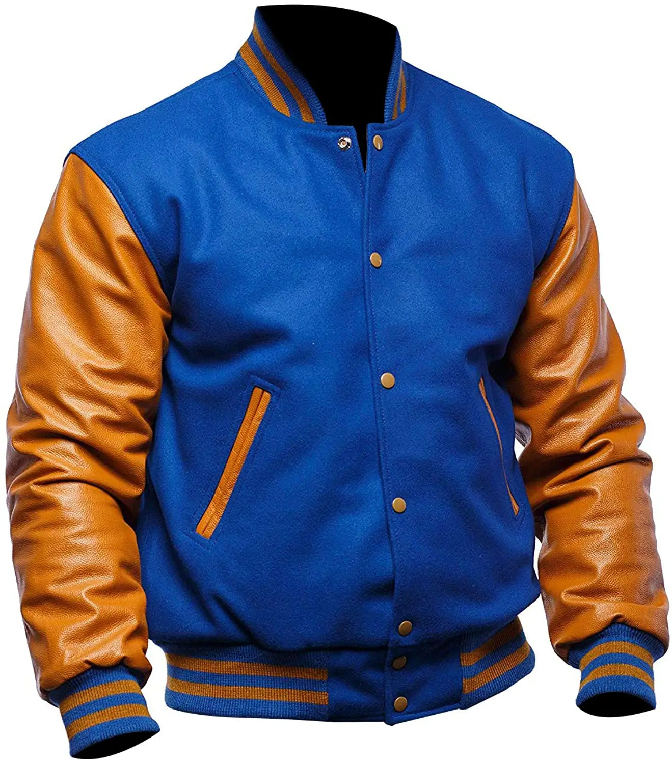 Blue and brown varsity jacket on a white background