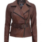 Brown leather jacket with a belt and 'Real Leather' label on a white background