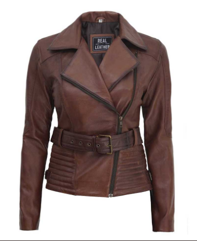 Brown leather jacket with a belt and 'Real Leather' label on a white background