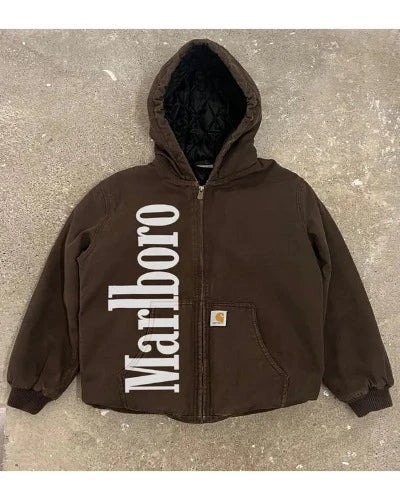 Brown hoodie with 'Marlboro' and Carhartt branding on a gray surface