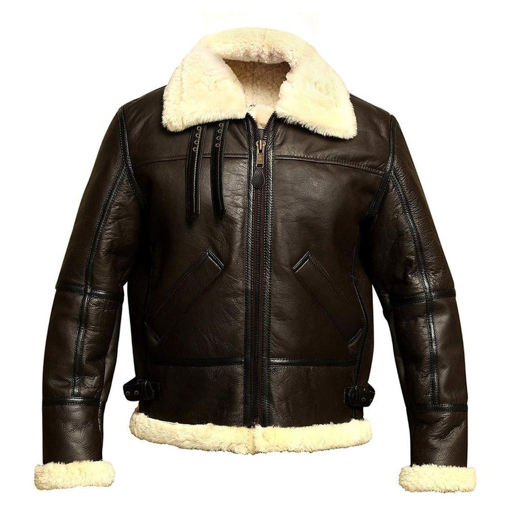 Brown leather jacket with white fur lining on a white background