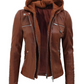 Brown leather jacket with a hood on a white background