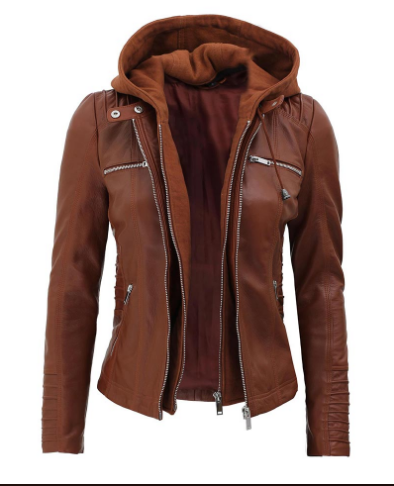 Brown leather jacket with a hood on a white background