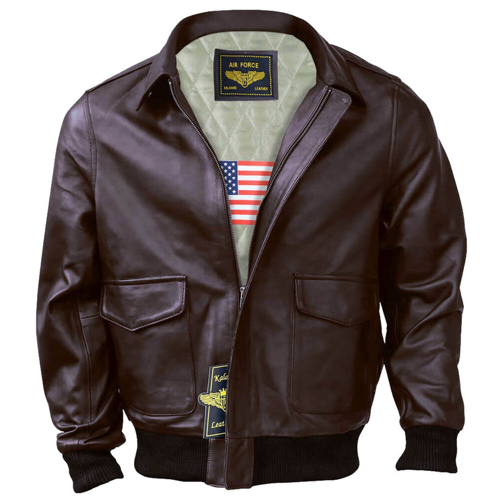 Brown leather jacket with American flag lining on a white background