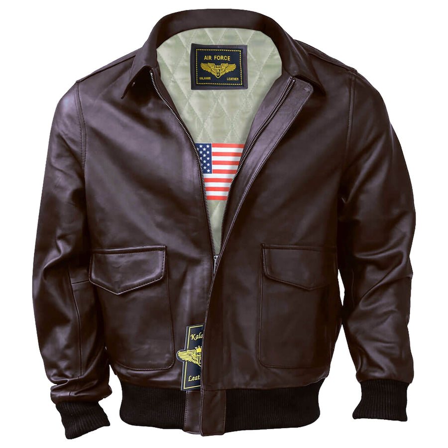 Brown leather jacket with American flag lining on a white background