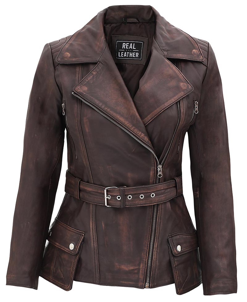 Brown leather jacket with a belt and visible 'Real Leather' label on a white background