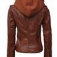 Brown leather jacket with a hood on a white background
