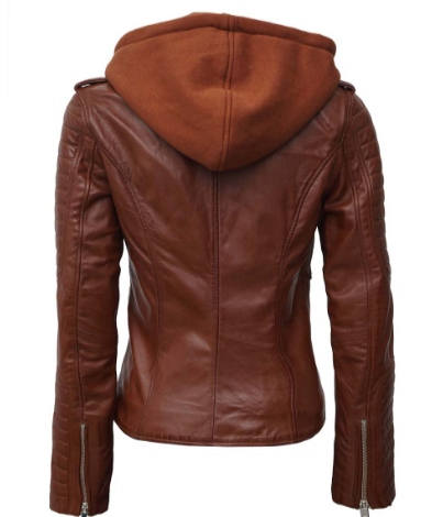 Brown leather jacket with a hood on a white background