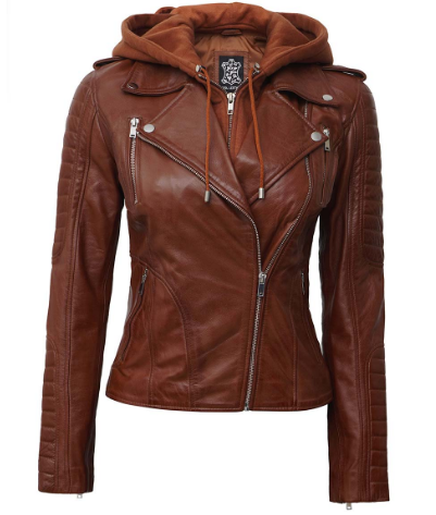 Brown leather jacket with a hood on a white background