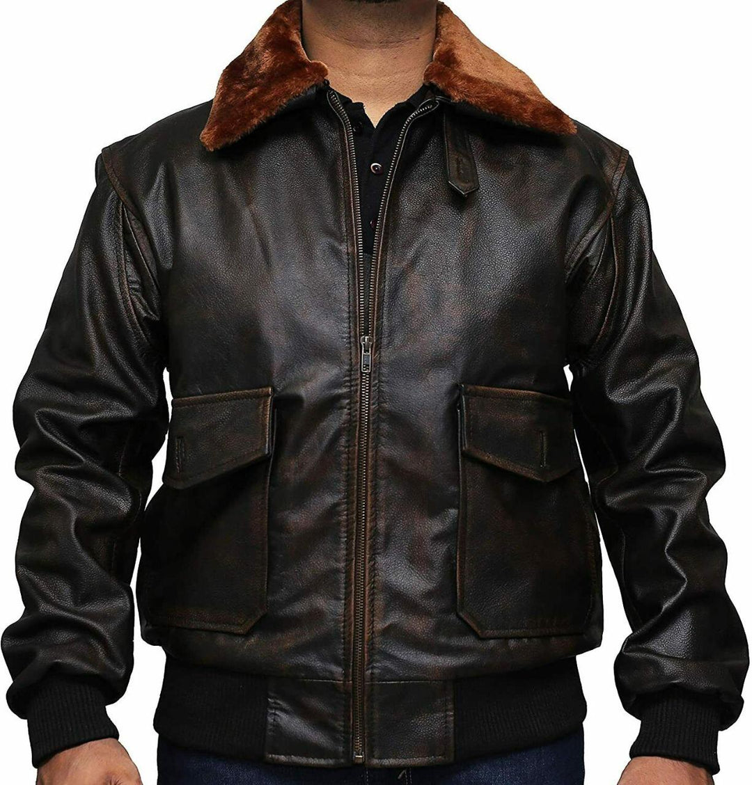 Brown leather jacket with fur collar on a white background