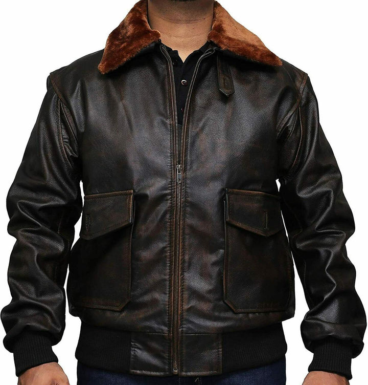 Brown leather jacket with fur collar on a white background