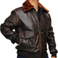 Brown leather jacket with fur collar on a white background