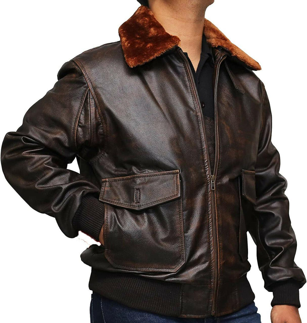 Brown leather jacket with fur collar on a white background