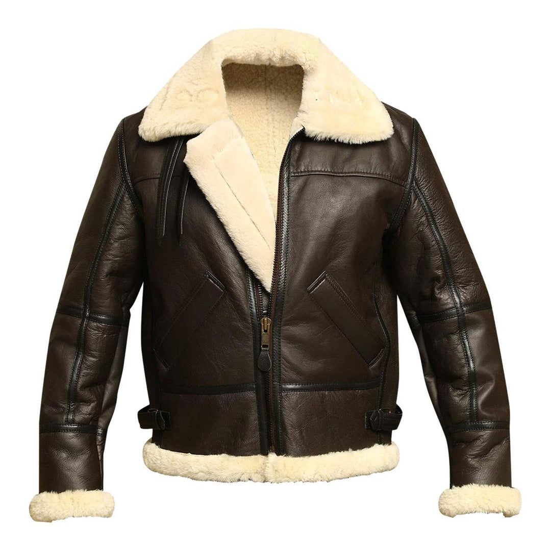 Brown leather jacket with white fur lining on a white background