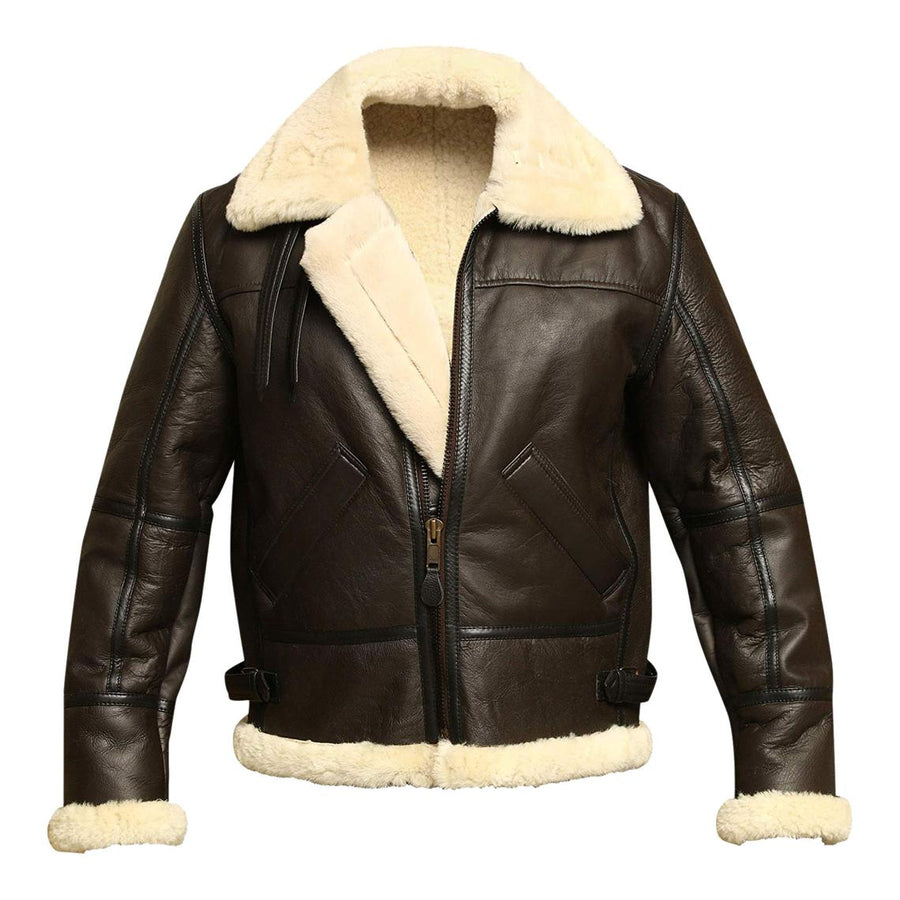 Brown leather jacket with white fur lining on a white background