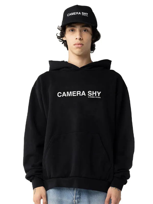 Front view of Black CAMERA-SHY-Hoodie