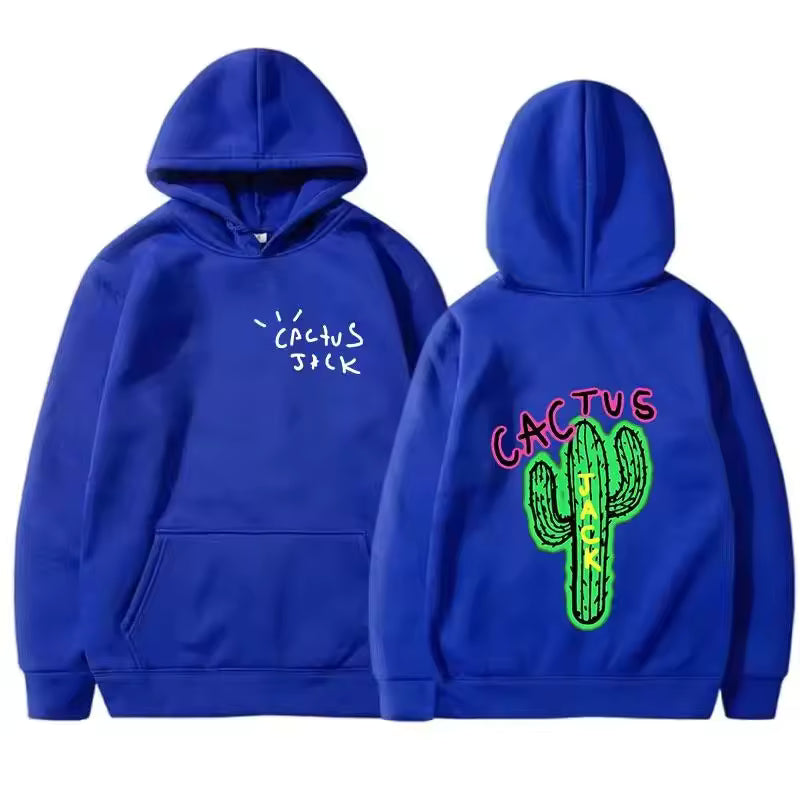 Blue hoodie with 'Cactus Jack' text and cactus graphic on a white background
