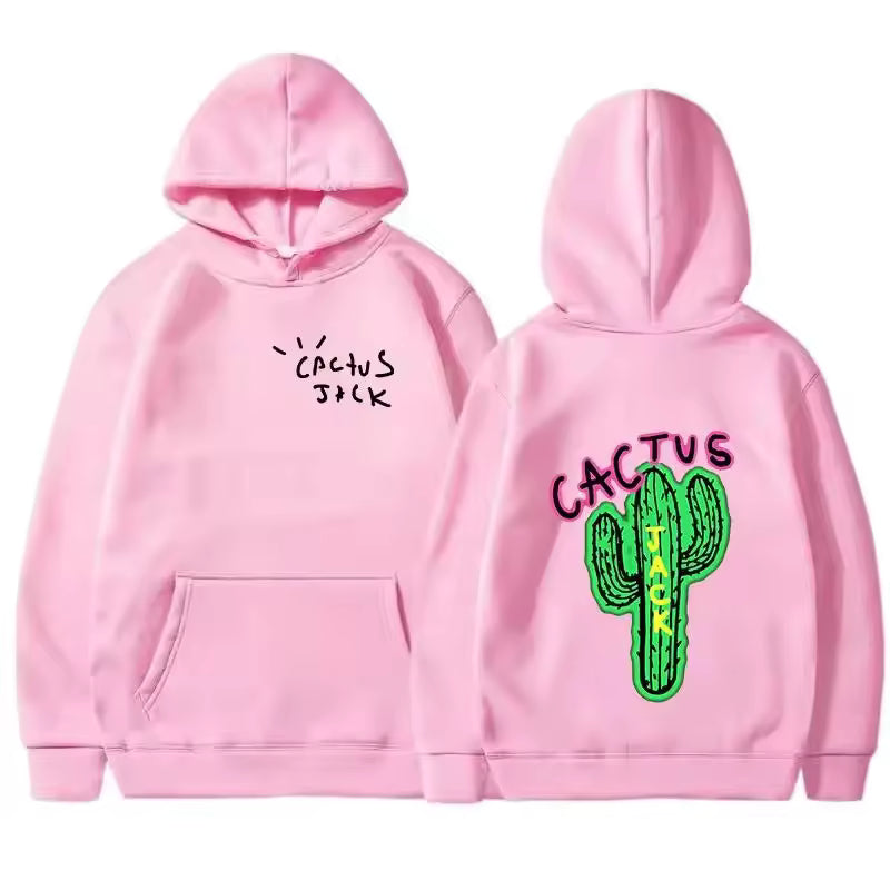 Pink hoodie with 'Cactus Jack' text and cactus graphic on a white background