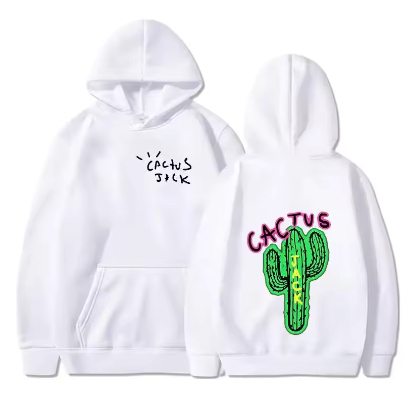 White hoodie with 'Cactus Jack' text and cactus graphic on a white background