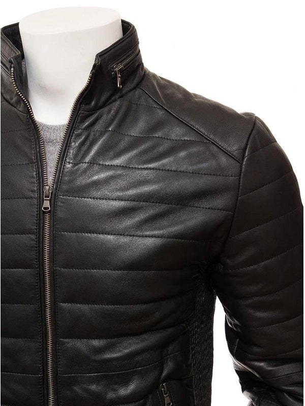 Mens Casual Wear Black Quilted Leather Jacket With Standing Collar
