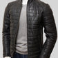 Mens Casual Wear Black Quilted Leather Jacket With Standing Collar