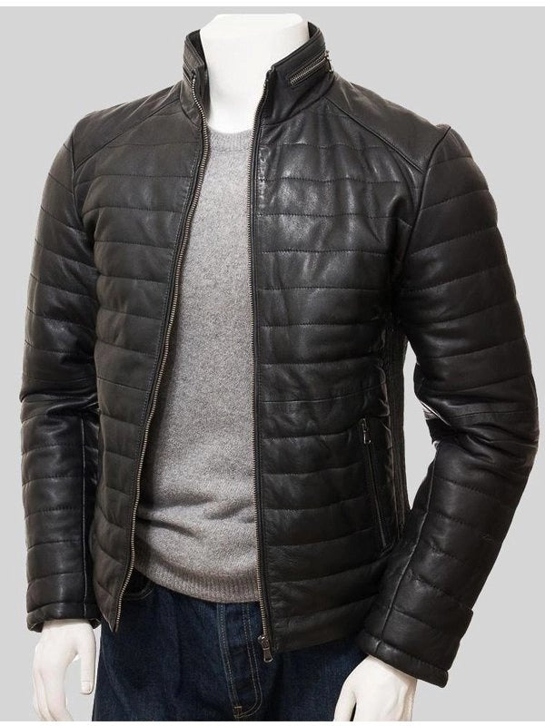 Mens Casual Wear Black Quilted Leather Jacket With Standing Collar