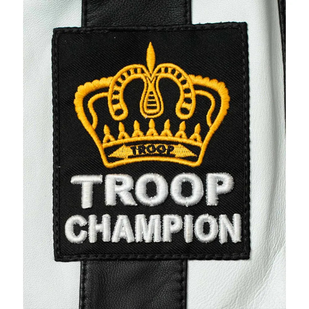 Close view of Black and White LL Cool J Troop Champion Jacket patch detail.