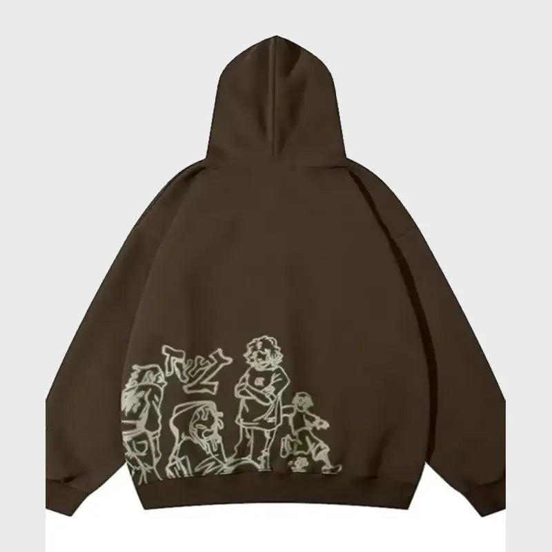 Reverse display of the brown Coolmonar-Streetwear sweatshirt, showcasing the lower placement of the unique neon white illustrative outline figures.