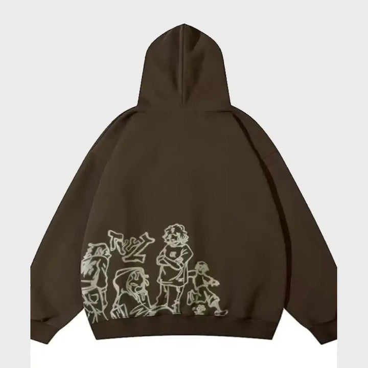 Reverse display of the brown Coolmonar-Streetwear sweatshirt, showcasing the lower placement of the unique neon white illustrative outline figures.