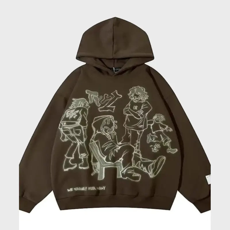 Front view of the brown streetwear hoodie, displaying the prominent luminous-white line-art characters and unique text graphic across the garment face.