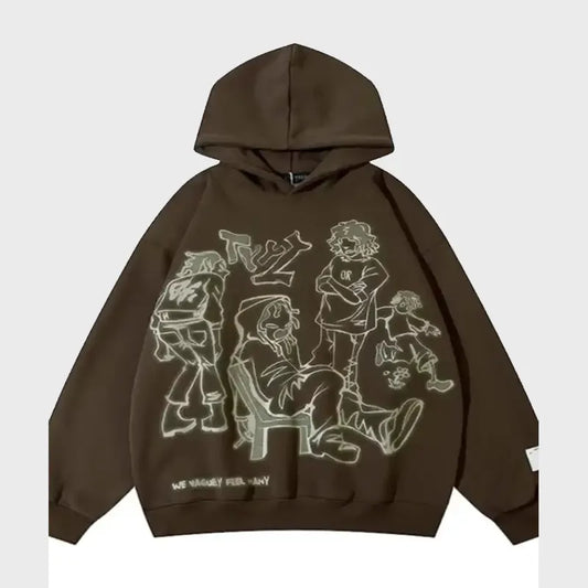 Front view of the brown streetwear hoodie, displaying the prominent luminous-white line-art characters and unique text graphic across the garment face.