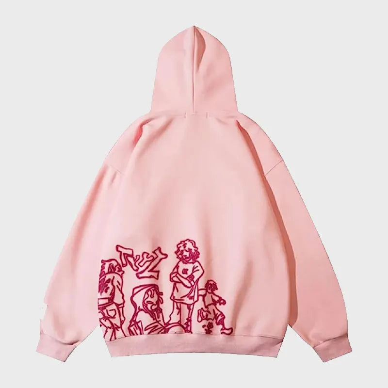 Pink hoodie with red graphic design on a light gray background