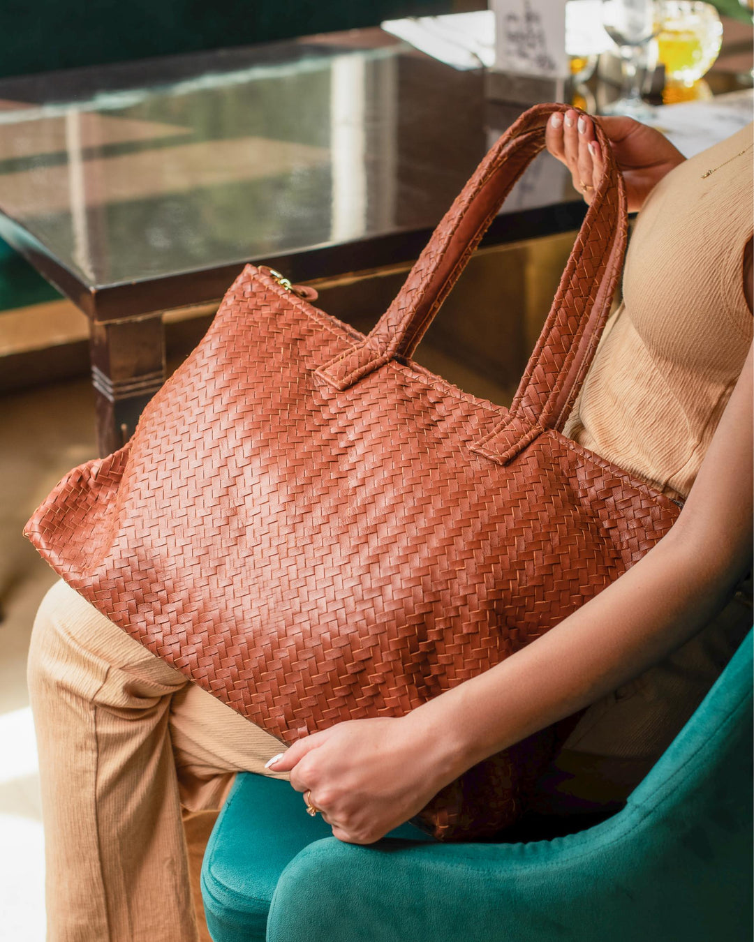 Handmade Woven Original Leather Bag With Zipper-Tan Brown - Image 2