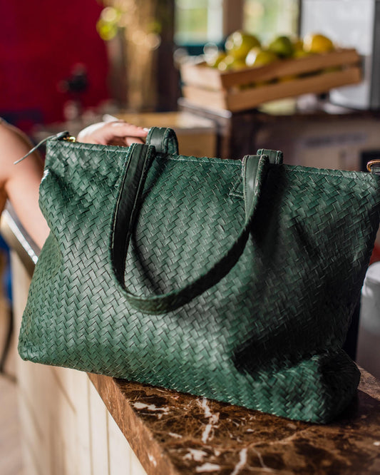 Handmade Woven Original Leather Bag With Zipper-Green - Image 3
